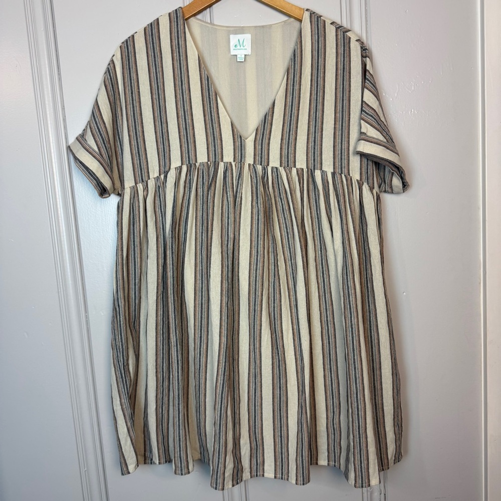 Shopthemint Striped Babydoll Dress Tunic 100%‎ Textured Cotton V Neck Size Small